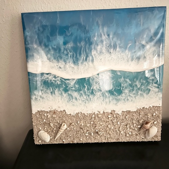 Resin textured ocean wall art 12 x 12 on wood - Picture 2 of 6